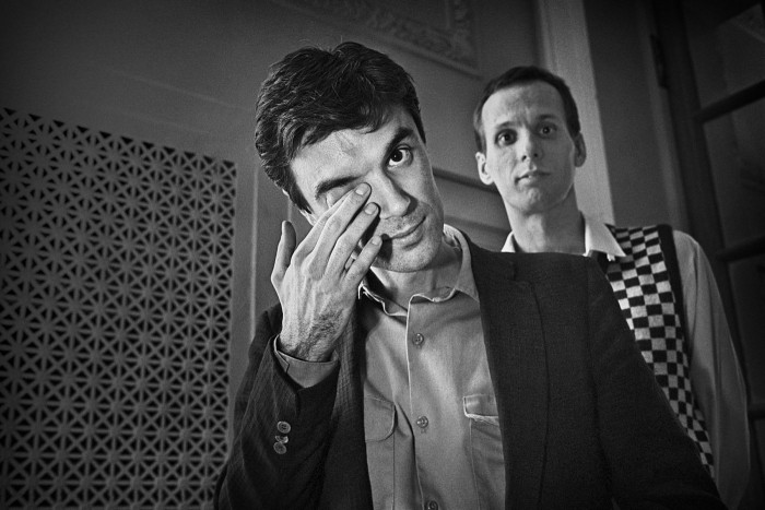Backstage Candid Portrait Of David Byrne and Adrian Belew